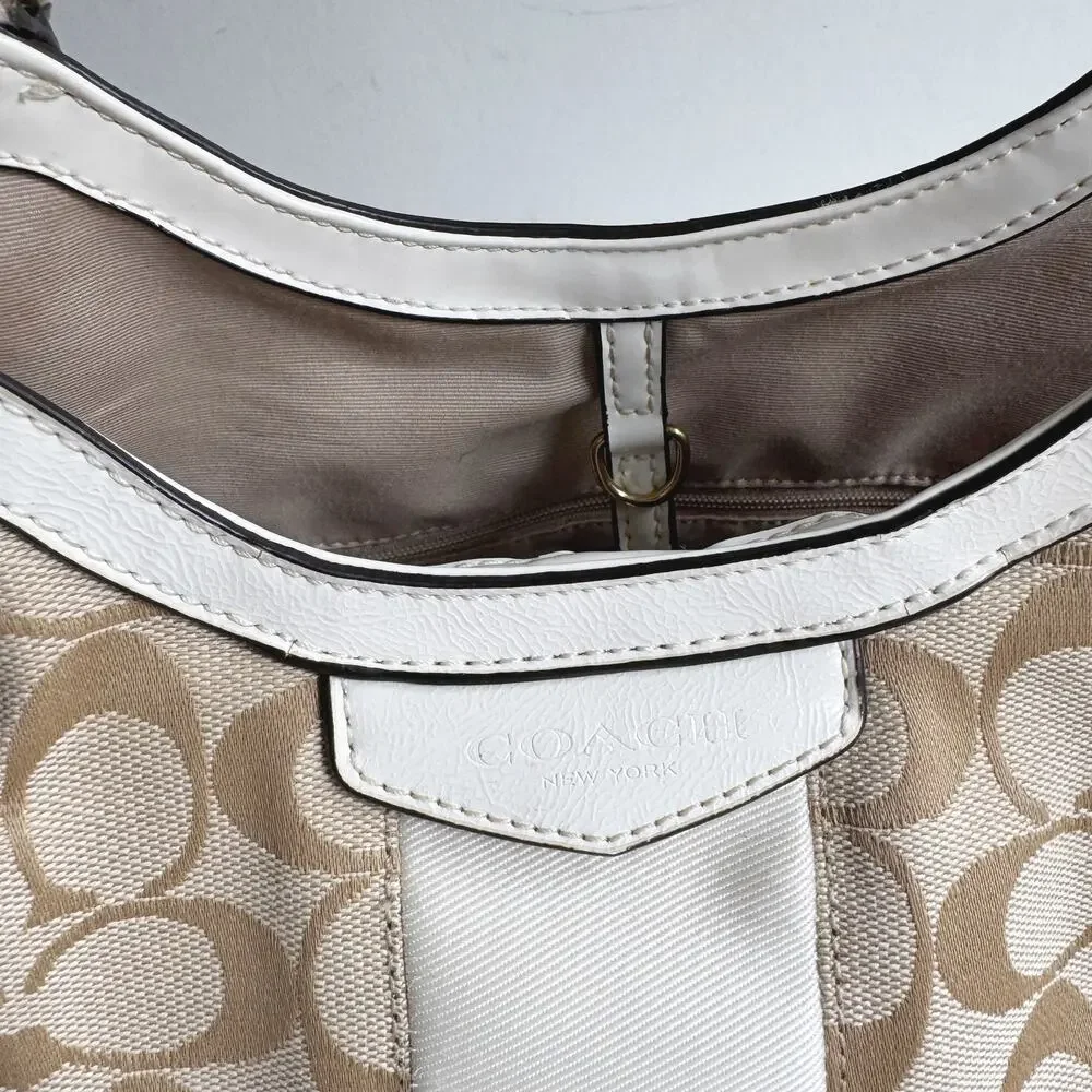Coach Signature Monogram Satin Stripe Tan Canvas White Leather Devin Bag
